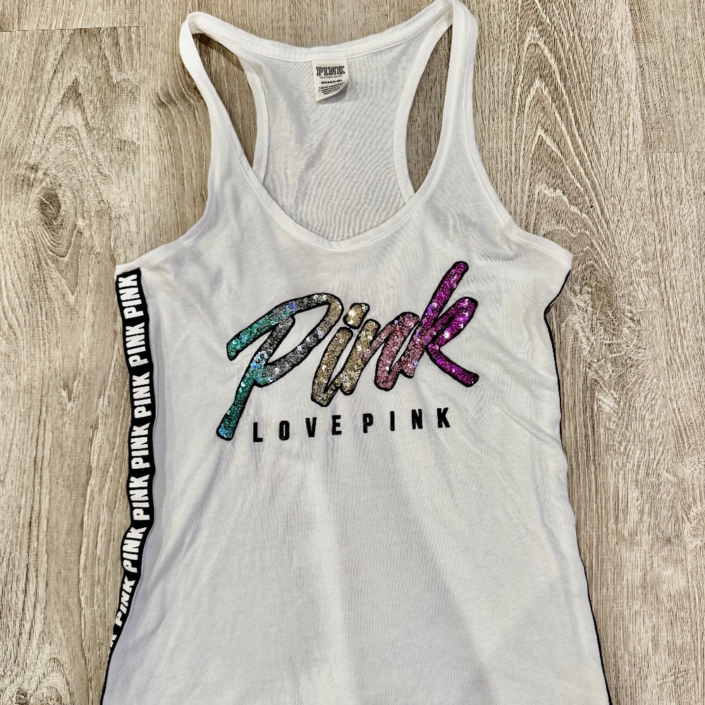 PINK Victoria Secret White Tank Top Women Size S .